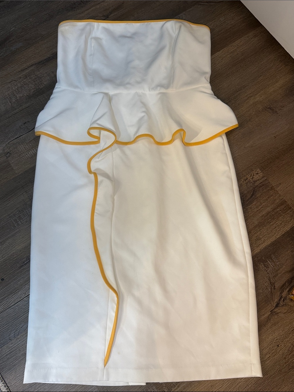 Strapless White Peplum Dress with Yellow Piping